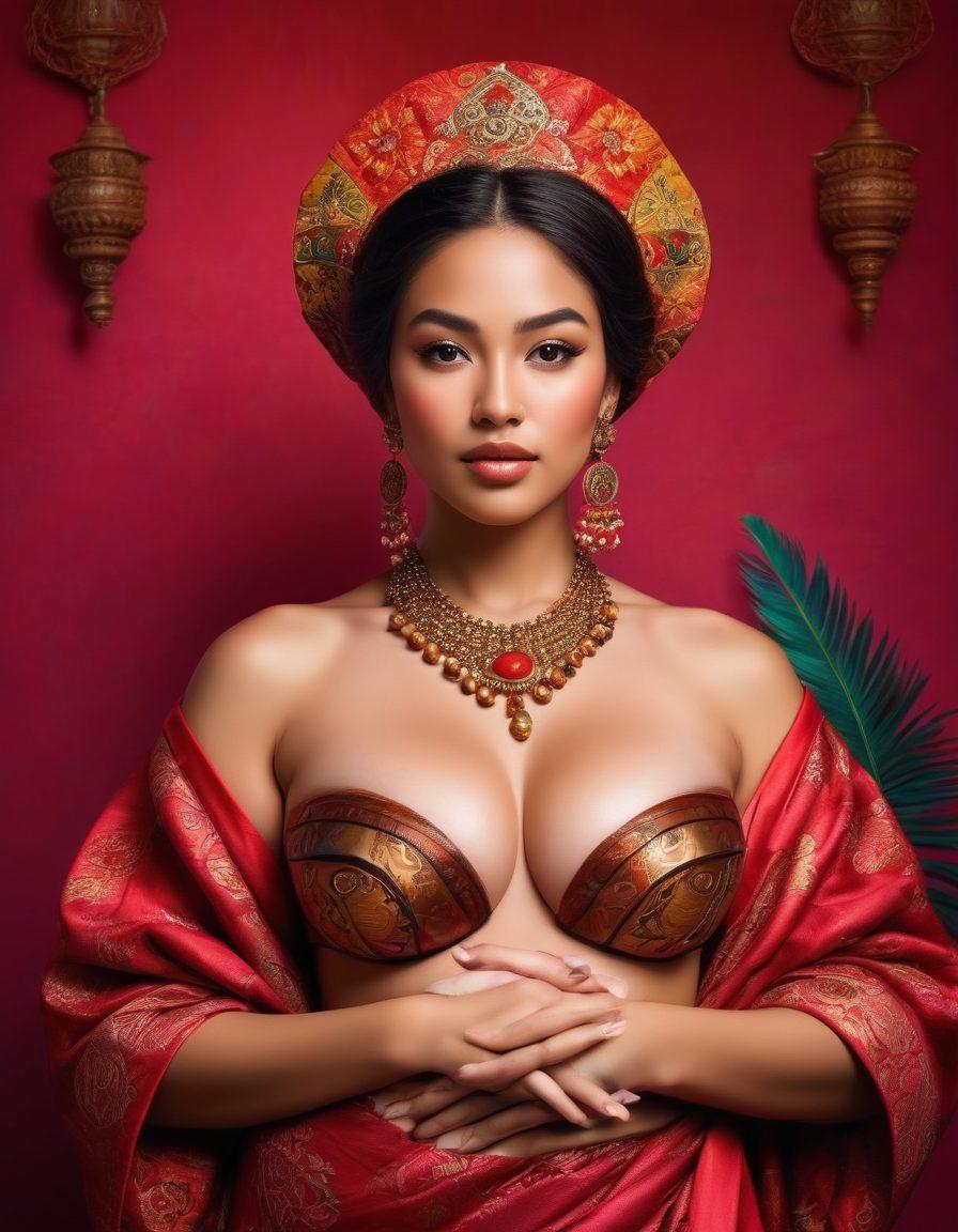 A captivating image showcasing the beauty of breasts through various cultural depictions, featuring diverse women in artistic poses adorned with traditional attire, surrounded by elements symbolizing sexuality and femininity from different cultures, signifying allure and body positivity. The background should be a vibrant blend of colors representing different cultures, incorporating soft lighting to enhance the features. super-realistic. vibrant colors. artistic style.