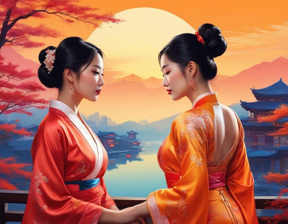 An artistic depiction of the beauty of femininity, featuring soft, alluring silhouettes of women from diverse Asian cultures, intertwined with elements of traditional attire and modern adult entertainment aesthetics. The background transitions from serene landscapes to vibrant city scenes, capturing the essence of both tradition and contemporary allure. The colors should be rich and warm, emphasizing sensuality while maintaining elegance. vector art. vibrant colors. soft focus.