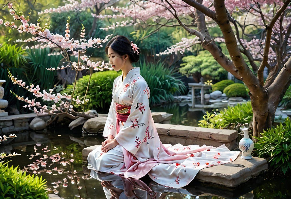 A serene scene depicting an Asian garden in full bloom, where delicate cherry blossoms fall amongst gracefully posed female figures celebrating femininity and nudity, adorned with traditional garments that blend with the lush surroundings. Soft light filters through the trees, reflecting a sense of tranquility and cultural richness. Elements like subtle traditional art motifs and elegant porcelain vases enhance the atmosphere. painting. vibrant colors. ethereal ambiance.